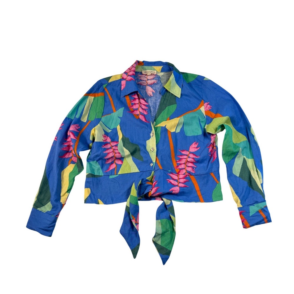 Christian Siriano New York Blue Tropical Floral Tie Front Cropped Linen Top M - Picture 2 of 8